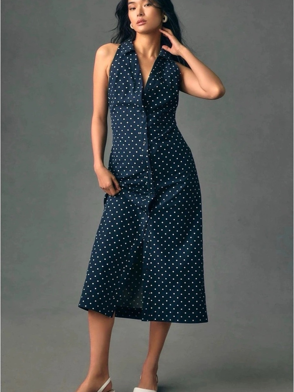 NWT Maeve Anthropologie Halter Slim Midi Dress Navy Polka Dot Size S